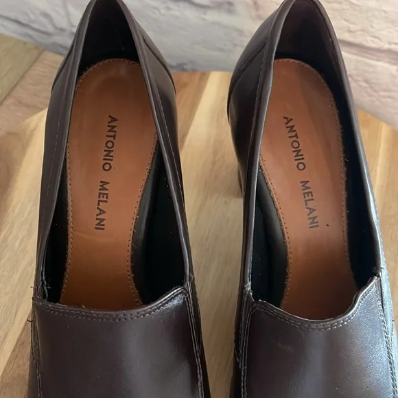 Antonio Melani Brown Leather Square Toe Loafers with block heel   9.5 M - Picture 5 of 9